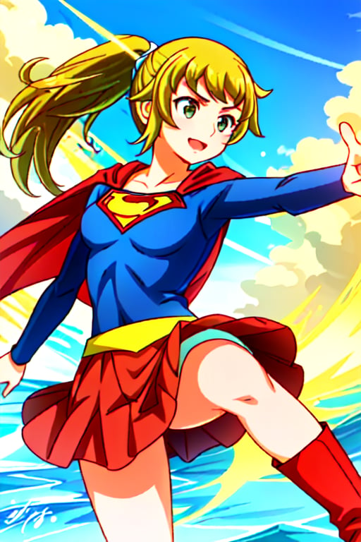 Fumina Hoshino, with her athletic build and passionate spirit, brings a lively and strong energy to the classic Supergirl costume. The bright blue top, featuring the iconic red and yellow 'S' emblem, complements her confident stance and energetic personality. Her blonde hair, tied up in her signature ponytail, adds a practical yet spirited touch, while the red cape flows behind her, accentuating her action-ready pose. The red skirt and matching knee-high boots complete her look, highlighting her athletic frame and dynamic style. With her usual enthusiastic smile and determined eyes, Fumina embodies the essence of Supergirl with a unique twist. Her transformation amplifies her natural courage and resilience, blending her love for competition with the heroism of the Supergirl persona. In this costume, Fumina looks ready to face any challenge head-on, inspiring those around her with her boundless energy, strength, and unwavering resolve.