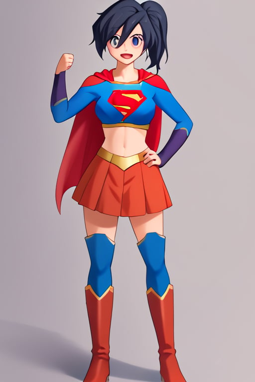 Fujisawa Aya, known for her calm and composed personality, brings a graceful and poised presence to the classic Supergirl costume. The bright blue top with the iconic red and yellow 'S' emblem complements her serene expression and reserved nature. Her shoulder-length, black hair falls neatly around her face, while the red cape flows behind her, adding a subtle sense of movement and strength. The red skirt and red knee-high boots complete the look, giving her an elegant yet empowered appearance.

With her gentle smile and calm demeanor, Aya embodies a more thoughtful and composed take on Supergirl, blending heroism with her usual grace. In this costume, she conveys quiet strength and resolve, ready to face any challenge with dignity and poise. Her transformation captures the essence of a hero who leads with both compassion and inner strength, making her an inspiring figure who brings warmth and courage to those around her.,supergirl,fujisawa aya(gbd)