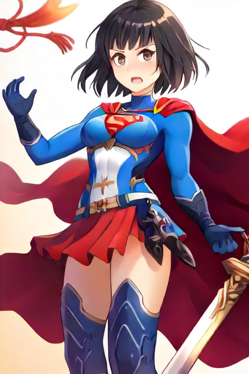 Erika, the skilled and disciplined swordswoman from "Shadowverse," exudes power and grace in the classic Supergirl costume. The vibrant blue top, emblazoned with the red and yellow 'S' emblem, fits perfectly with her fierce and focused demeanor. Her short black hair flows freely, adding a dramatic touch as the red cape billows behind her, accentuating her swift movements and readiness for action. The red skirt, paired with red knee-high boots, emphasizes her lithe, athletic form, while maintaining the elegance and precision she's known for in combat.

Erika’s sharp gaze reflects her determination and unwavering sense of duty, blending her natural warrior spirit with the heroic essence of Supergirl. In this transformation, she retains her tactical mindset and sword skills but adds the empowering aura of a superhero. The Supergirl costume highlights her inner strength and drive, making her a symbol of both power and protection, always ready to defend with grace and skill.