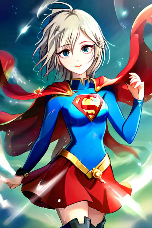 Anastasia, with her serene and graceful demeanor, brings a calm yet powerful elegance to the classic Supergirl costume. The bold blue top, emblazoned with the red and yellow 'S' emblem, contrasts beautifully with her platinum gray hair, which falls gracefully around her shoulders. Her red cape flows gently behind her, adding a sense of poise and quiet strength to her look. The red skirt and knee-high boots complete the ensemble, highlighting her tall and slender figure, giving her an aura of both beauty and power.

Anastasia’s expression, typically calm and thoughtful, now carries a subtle determination, blending her natural grace with the heroic essence of Supergirl. Her transformation captures the perfect balance of elegance and strength, embodying the spirit of a true heroine. In this superhero guise, Anastasia shines as a protector, ready to take on any challenge with her composed confidence and quiet resolve, inspiring those around her with both her beauty and inner strength,supergirl,ANASTASIA