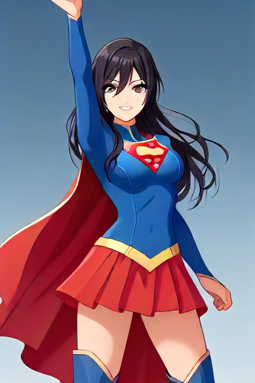 Shirase Sakuya, known for her graceful and mature elegance, brings a sophisticated allure to the classic Supergirl costume. The bright blue top with the iconic red and yellow 'S' emblem highlights her confident posture and commanding presence, perfectly fitting her tall and graceful frame. Her long, flowing dark hair cascades over her shoulders, adding a touch of elegance that flows naturally with the red cape billowing behind her. The red skirt and red knee-high boots complete the look, giving her a balanced mix of femininity and strength.

Sakuya’s poised smile and calm expression bring a sense of assurance and composure to the Supergirl persona, showcasing her natural leadership qualities and resilience. Her transformation captures the essence of a heroine who possesses both beauty and power, ready to protect and inspire with quiet confidence. As Supergirl, Sakuya combines charm and strength seamlessly, embodying a powerful figure who stands ready to face challenges with both grace and resolve.