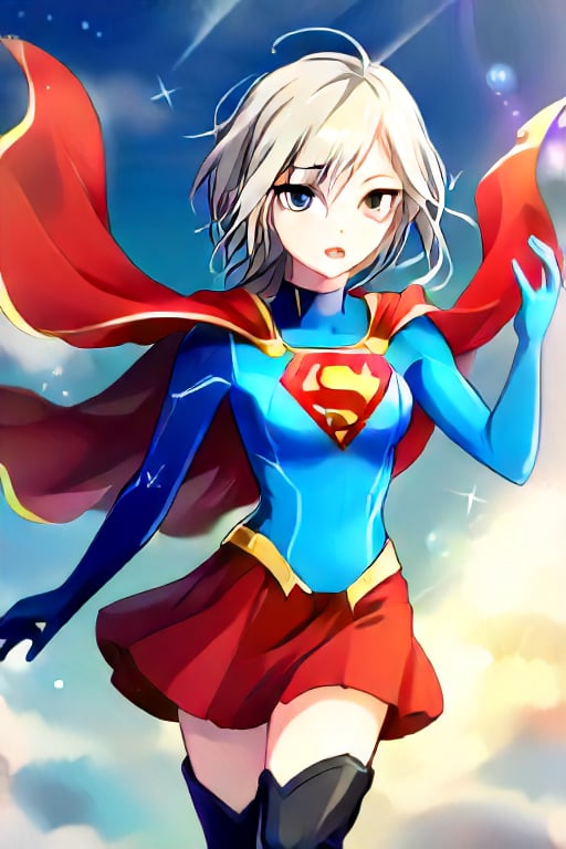 Anastasia, with her serene and graceful demeanor, brings a calm yet powerful elegance to the classic Supergirl costume. The bold blue top, emblazoned with the red and yellow 'S' emblem, contrasts beautifully with her platinum gray hair, which falls gracefully around her shoulders. Her red cape flows gently behind her, adding a sense of poise and quiet strength to her look. The red skirt and red knee-high boots complete the ensemble, highlighting her tall and slender figure, giving her an aura of both beauty and power.

Anastasia’s expression, typically calm and thoughtful, now carries a subtle determination, blending her natural grace with the heroic essence of Supergirl. Her transformation captures the perfect balance of elegance and strength, embodying the spirit of a true heroine. In this superhero guise, Anastasia shines as a protector, ready to take on any challenge with her composed confidence and quiet resolve, inspiring those around her with both her beauty and inner strength,supergirl,ANASTASIA