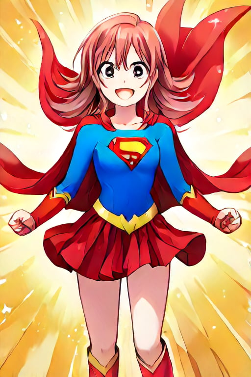 Komiya Kaho, with her boundless energy and enthusiasm, brings a bright and cheerful twist to the classic Supergirl costume. The vibrant blue top with the red and yellow 'S' emblem adds a bold pop of color that perfectly complements her lively personality. Her short, fluffy red hair bounces playfully around her face, while the red cape flows behind her in sync with her dynamic movements. The red skirt and matching knee-high boots complete the look, giving her a fun yet heroic appearance.

With her ever-joyful smile and sparkling eyes, Kaho steps into the role of Supergirl with a youthful excitement, embodying a superhero ready to leap into action with optimism and energy. Her transformation captures her spontaneous and brave spirit, showing a Supergirl who’s not just powerful but also full of heart and enthusiasm. In this costume, Kaho shines as a heroine who brings joy and courage to everyone around her, ready to tackle challenges with her bright outlook and boundless spirit.,KOMIYA KAHO,supergirl