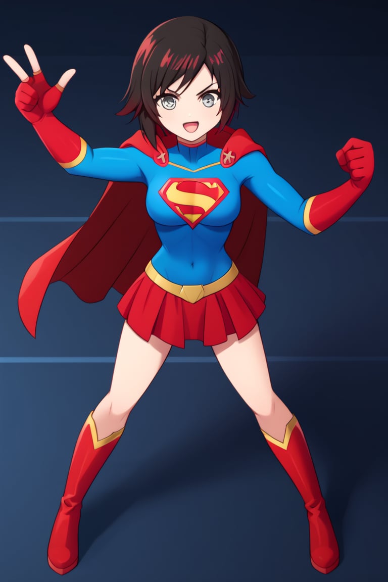 Ruby Rose, with her boundless energy and unwavering sense of justice, looks striking in the classic Supergirl costume. The vibrant blue top, featuring the iconic red and yellow 'S' emblem, perfectly complements her bold and heroic nature. A red cape flows behind her, adding a dynamic flair as it moves with her quick and agile stance, reminiscent of her usual combat style. The red skirt and knee-high boots complete the look, enhancing her athletic form and giving her the appearance of a young, determined superhero ready to protect the world.

Ruby’s signature short black hair with red tips stands out against the costume, while her cheerful and optimistic smile shines through, embodying the essence of Supergirl's hope and strength. The costume enhances her natural sense of leadership and bravery, making her a perfect fit for the role of a superhero. In this transformation, Ruby blends her youthful enthusiasm with the power and courage of Supergirl, ready to take on any challenge and inspire those around her.