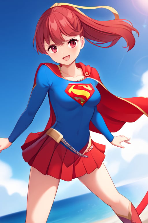 Kasumi Yoshizawa, with her graceful and athletic poise, looks stunning and heroic in the classic Supergirl costume. The vibrant blue top, emblazoned with the iconic red and yellow 'S' emblem on her chest, reflects her energetic and optimistic nature. A flowing red cape billows behind her, adding a dynamic touch to her already agile form. The costume is completed with a red skirt and matching knee-high boots, highlighting her slim yet strong physique, honed from years of rhythmic gymnastics. Kasumi’s usual bright smile and determined expression blend perfectly with the confident, courageous aura of Supergirl, showcasing her balance of elegance and strength. In this transformation, Kasumi embodies the essence of a true heroine—both graceful and powerful, ready to take on any challenge with a blend of cheerfulness and resolve. she has red hair in a ponytail.,supergirl,yoshizawa kasumi