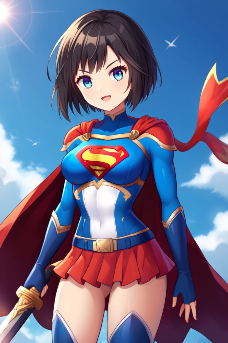 Erika, the skilled and disciplined swordswoman from "Shadowverse," exudes power and grace in the classic Supergirl costume. The vibrant blue top, emblazoned with the red and yellow 'S' emblem, fits perfectly with her fierce and focused demeanor. Her short black hair flows freely, adding a dramatic touch as the red cape billows behind her, accentuating her swift movements and readiness for action. The red skirt, paired with knee-high boots, emphasizes her lithe, athletic form, while maintaining the elegance and precision she's known for in combat.

Erika’s sharp gaze reflects her determination and unwavering sense of duty, blending her natural warrior spirit with the heroic essence of Supergirl. In this transformation, she retains her tactical mindset and sword skills but adds the empowering aura of a superhero. The Supergirl costume highlights her inner strength and drive, making her a symbol of both power and protection, always ready to defend with grace and skill.