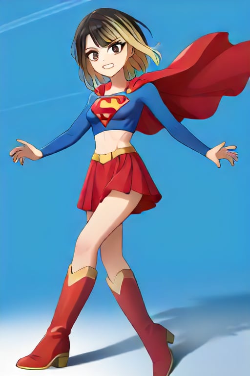 Ikaruga Luca, with her poised and elegant demeanor, brings an air of quiet strength to the classic Supergirl costume. The iconic blue top, adorned with the bright red and yellow 'S' emblem, contrasts beautifully with her medium, dark hair with yellow inner hair. Her red cape flows gracefully behind her, adding a dynamic yet regal touch to her composed presence. The red skirt and matching knee-high boots complete the look, highlighting her tall and slender frame, giving her an aura of both grace and heroism. Luca’s calm and focused expression remains unchanged, but now reflects a subtle determination as she embodies the empowering Supergirl persona. The transformation perfectly balances her natural elegance with the courageous and strong-willed spirit of a superhero. In this role, Luca stands as a symbol of resilience and inner strength, ready to take on any challenge with poise and confidence, all while maintaining her composed, dignified charm. .,supergirl,l_ikaruga, ikaruga_luca