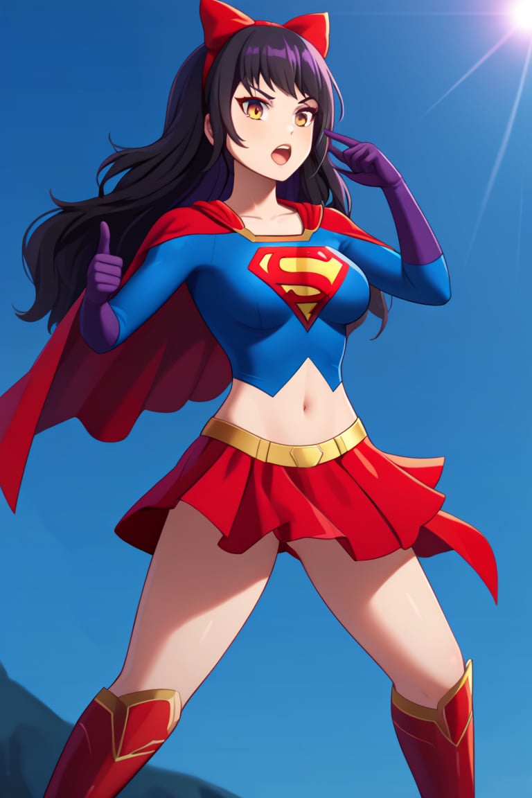 Blake Belladonna, with her quiet yet fierce demeanor, brings a subtle elegance to the classic Supergirl costume. The deep blue top, adorned with the bold red and yellow 'S' emblem, contrasts beautifully with her dark, raven-black hair, which falls gracefully over her shoulders, with her signature bow adding a unique touch. A flowing red cape sways behind her, giving a sense of movement and power, while also highlighting her agile and stealthy nature. The red skirt and knee-high boots complete the look, emphasizing her lithe, athletic frame.

Blake’s calm yet determined expression blends perfectly with the heroic essence of Supergirl, showcasing her strength and resolve. Her quiet strength, paired with the empowering costume, makes her a symbol of resilience and grace. In this transformation, Blake seamlessly combines her natural stealth and independence with the courage and heroism of Supergirl, ready to stand tall and protect those who need it, while still retaining her thoughtful and introspective nature.