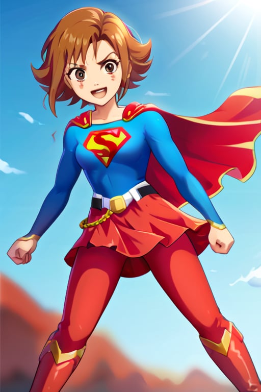 Nishijima Kai, with his confident and charismatic demeanor, brings a unique twist to the classic Supergirl costume. The vibrant blue top, emblazoned with the bold red and yellow 'S' emblem, contrasts against his strong frame and adds an unexpected touch of flair. His short, stylishly spiked hair adds a playful edge, while the red cape flows behind him, adding movement and a heroic aura. The red skirt is replaced with red pants to suit his style, and the knee-high red boots ground the look, giving him an athletic, powerful presence.

With his usual charming smile and fearless stance, Kai embodies the heroic essence of Supergirl while adding his own confidence and flair to the role. The costume emphasizes his strength and optimism, making him look every bit the part of a protector. This transformation highlights his determination and charisma, showing that he’s ready to tackle challenges head-on, blending strength and charm to inspire those around him.