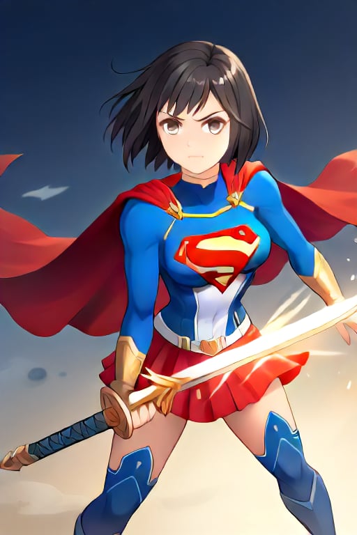 Erika, the skilled and disciplined swordswoman from "Shadowverse," exudes power and grace in the classic Supergirl costume. The vibrant blue top, emblazoned with the red and yellow 'S' emblem, fits perfectly with her fierce and focused demeanor. Her short black hair flows freely, adding a dramatic touch as the red cape billows behind her, accentuating her swift movements and readiness for action. The red skirt, paired with red knee-high boots, emphasizes her lithe, athletic form, while maintaining the elegance and precision she's known for in combat.

Erika’s sharp gaze reflects her determination and unwavering sense of duty, blending her natural warrior spirit with the heroic essence of Supergirl. In this transformation, she retains her tactical mindset and sword skills but adds the empowering aura of a superhero. The Supergirl costume highlights her inner strength and drive, making her a symbol of both power and protection, always ready to defend with grace and skill.