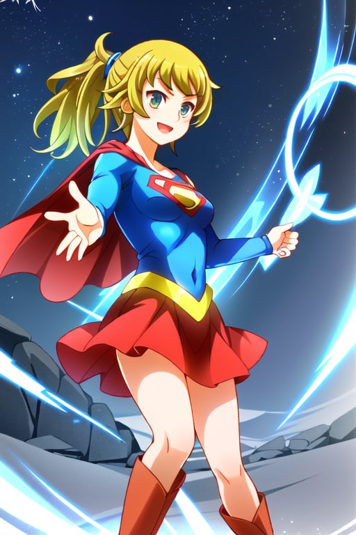 Fumina Hoshino, with her athletic build and passionate spirit, brings a lively and strong energy to the classic Supergirl costume. The bright blue top, featuring the iconic red and yellow 'S' emblem, complements her confident stance and energetic personality. Her blonde hair, tied up in her signature ponytail, adds a practical yet spirited touch, while the red cape flows behind her, accentuating her action-ready pose. The red skirt and matching knee-high boots complete her look, highlighting her athletic frame and dynamic style. With her usual enthusiastic smile and determined eyes, Fumina embodies the essence of Supergirl with a unique twist. Her transformation amplifies her natural courage and resilience, blending her love for competition with the heroism of the Supergirl persona. In this costume, Fumina looks ready to face any challenge head-on, inspiring those around her with her boundless energy, strength, and unwavering resolve.