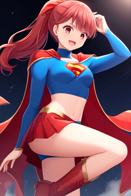 Kasumi Yoshizawa, with her graceful and athletic poise, looks stunning and heroic in the classic Supergirl costume. The vibrant blue top, emblazoned with the iconic red and yellow 'S' emblem on her chest, reflects her energetic and optimistic nature. A flowing red cape billows behind her, adding a dynamic touch to her already agile form. The costume is completed with a red skirt and matching knee-high boots, highlighting her slim yet strong physique, honed from years of rhythmic gymnastics. Kasumi’s usual bright smile and determined expression blend perfectly with the confident, courageous aura of Supergirl, showcasing her balance of elegance and strength. In this transformation, Kasumi embodies the essence of a true heroine—both graceful and powerful, ready to take on any challenge with a blend of cheerfulness and resolve. she has red hair in a ponytail.,supergirl,yoshizawa kasumi