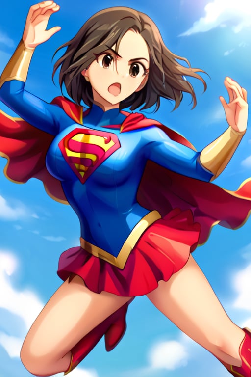 Seira Mizuki, with her cool and elegant demeanor, exudes both grace and strength in the classic Supergirl costume. The bright blue top, featuring the iconic red and yellow 'S' emblem, contrasts beautifully with her long, flowing dark hair. The red cape billows behind her, adding a dramatic and heroic flair as it catches the wind, perfectly complementing her poised and confident stance. The red skirt and red knee-high boots finish the look, accentuating her tall and slender figure, giving her an air of both power and elegance.
Seira’s composed and determined expression perfectly captures the essence of a superhero, blending her natural elegance with the fierce determination of Supergirl. Her transformation into this heroic role highlights her balance of strength and beauty, making her the ideal embodiment of courage and grace, ready to face any challenge with confidence and inspire those around her.
