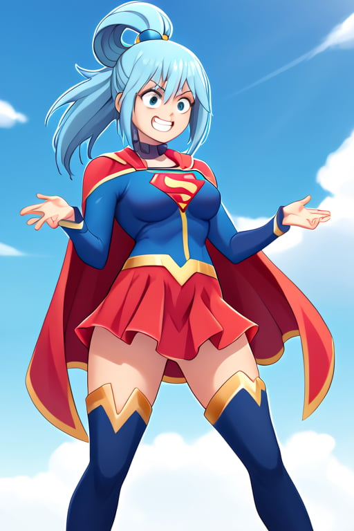 Aqua, with her playful and often mischievous demeanor, brings a unique and humorous charm to the classic Supergirl costume. The iconic blue top, emblazoned with the bright red and yellow 'S' emblem, is fitting against her water-themed color palette and complements her flowing blue hair. Her hair, pulled up in its usual high ponytail with a teal ribbon, gives her a lighthearted and whimsical look. The red cape flows behind her in dramatic fashion, adding to her usually exaggerated expressions and gestures. The red skirt and red knee-high boots round out the outfit, creating an interesting contrast with her usual divine but clumsy style.

With her trademark confident grin—perhaps a bit overconfident—Aqua steps into the Supergirl role with a humorous twist, blending her goddess bravado with the superhero’s iconic strength. Her natural charisma and quirks make her a playful Supergirl, ready to dive into challenges (or create them) with her spirited enthusiasm. In this costume, Aqua brings her own unpredictable flair, offering a comical but spirited take on heroism that’s sure to keep things entertaining.,supergirl,aqua