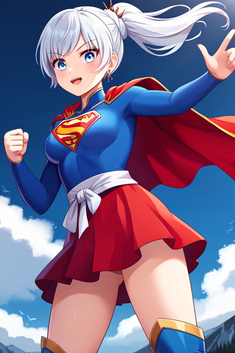 Weiss Schnee, with her graceful poise and sharp elegance, brings a regal touch to the classic Supergirl costume. The vibrant blue top, emblazoned with the red and yellow 'S' emblem, contrasts beautifully with her signature snow-white hair, which is styled in its familiar side ponytail. A flowing red cape drapes behind her, adding a dynamic sense of movement and power, complementing her composed and refined presence. The red skirt and knee-high boots complete the outfit, showcasing her agility and strength.

Weiss’s icy blue eyes and confident expression add a cool, determined edge to the typically bright and hopeful Supergirl persona. Her natural sense of leadership, discipline, and responsibility blend perfectly with the heroic aura of Supergirl. In this transformation, Weiss becomes a symbol of grace and power, ready to stand tall as both a protector and a fighter, combining her unyielding resolve with the strength and courage of a superhero.