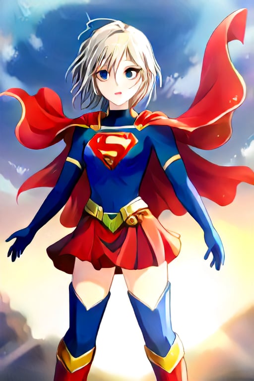 Anastasia, with her serene and graceful demeanor, brings a calm yet powerful elegance to the classic Supergirl costume. The bold blue top, emblazoned with the red and yellow 'S' emblem, contrasts beautifully with her platinum gray hair, which falls gracefully around her shoulders. Her red cape flows gently behind her, adding a sense of poise and quiet strength to her look. The red skirt and red knee-high boots complete the ensemble, highlighting her tall and slender figure, giving her an aura of both beauty and power.

Anastasia’s expression, typically calm and thoughtful, now carries a subtle determination, blending her natural grace with the heroic essence of Supergirl. Her transformation captures the perfect balance of elegance and strength, embodying the spirit of a true heroine. In this superhero guise, Anastasia shines as a protector, ready to take on any challenge with her composed confidence and quiet resolve, inspiring those around her with both her beauty and inner strength,supergirl,ANASTASIA