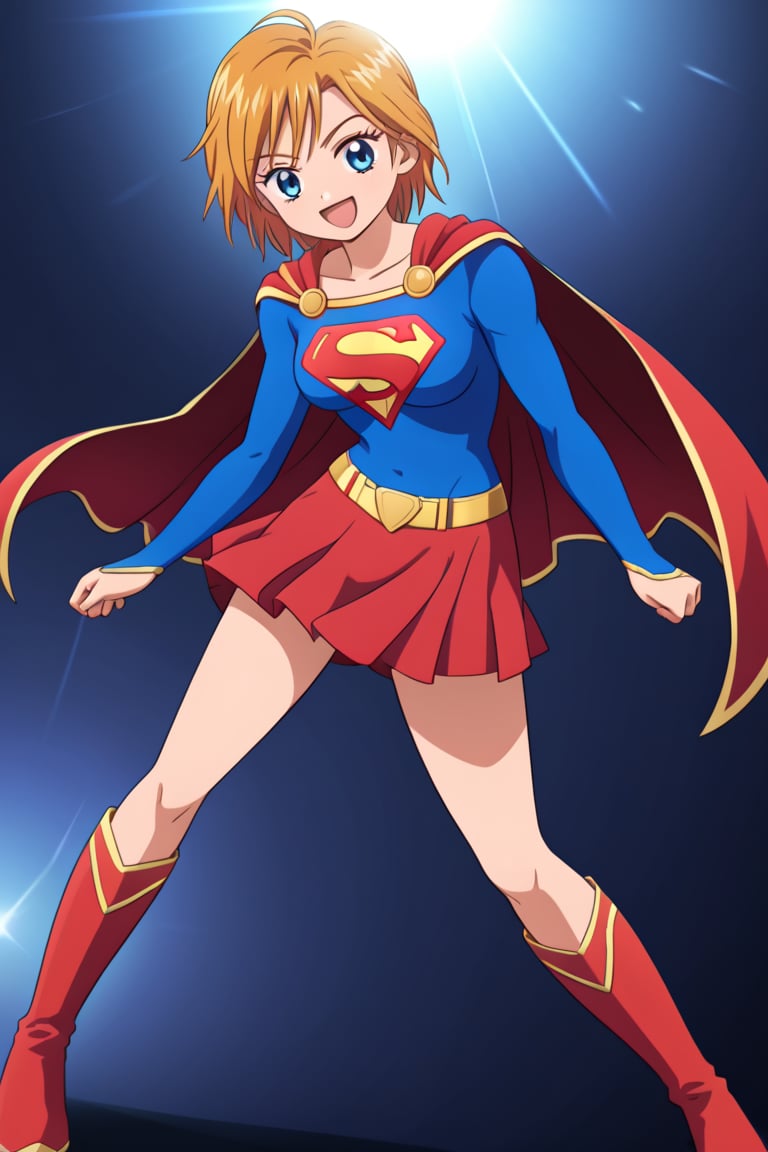 Nagisa Misumi, known for her sporty and energetic personality, brings a spirited charm to the classic Supergirl costume. The vibrant blue top, with the iconic red and yellow 'S' emblem on her chest, highlights her innate sense of justice and determination. A flowing red cape flutters behind her as she stands confidently, adding a heroic and dynamic touch that matches her active, athletic nature. The costume is completed with a red skirt and matching knee-high boots, which perfectly complement her strong and agile figure honed through her love of sports.

Nagisa’s usual bright smile and energetic stance blend seamlessly with the empowering aura of Supergirl, showing off her confidence and readiness to protect those she cares about. This transformation highlights Nagisa’s combination of strength, courage, and enthusiasm, making her the perfect embodiment of a young heroine full of life and ready to take on any challenge that comes her way.