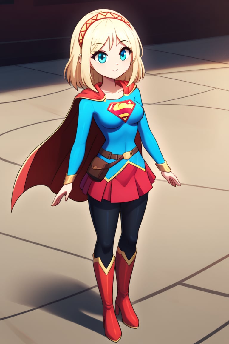 Cayna, with her powerful yet whimsical personality, looks both regal and heroic in the classic Supergirl costume. Her short blond hair flows gracefully down her back, standing out against the vibrant blue top with the iconic red and yellow 'S' emblem emblazoned on her chest. A flowing red cape trails behind her, adding a sense of grandeur and movement to her already imposing presence. The outfit is completed with a red skirt and matching knee-high boots, enhancing her strong and agile figure honed through her magical abilities.

Cayna’s confident yet playful expression, combined with the heroic aura of Supergirl, reflects her status as a powerful mage in the virtual world of Leadale. Her blend of power and warmth makes her a fitting embodiment of Supergirl, radiating both strength and compassion, ready to protect and inspire those around her.
