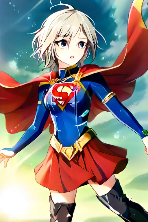 Anastasia, with her serene and graceful demeanor, brings a calm yet powerful elegance to the classic Supergirl costume. The bold blue top, emblazoned with the red and yellow 'S' emblem, contrasts beautifully with her platinum gray hair, which falls gracefully around her shoulders. Her red cape flows gently behind her, adding a sense of poise and quiet strength to her look. The red skirt and red knee-high boots complete the ensemble, highlighting her tall and slender figure, giving her an aura of both beauty and power.

Anastasia’s expression, typically calm and thoughtful, now carries a subtle determination, blending her natural grace with the heroic essence of Supergirl. Her transformation captures the perfect balance of elegance and strength, embodying the spirit of a true heroine. In this superhero guise, Anastasia shines as a protector, ready to take on any challenge with her composed confidence and quiet resolve, inspiring those around her with both her beauty and inner strength,supergirl,ANASTASIA