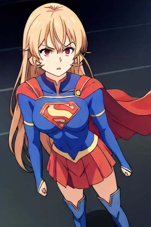 Erina Nakiri, with her regal presence and distinctive long blonde hair, stands confidently in the iconic Supergirl costume. The costume features a bold blue top with the famous red and yellow 'S' shield emblazoned across her chest, symbolizing strength and hope. A flowing red cape cascades from her shoulders, adding a touch of elegance that complements her aristocratic demeanor. The red skirt and matching knee-high boots complete the ensemble, enhancing her powerful yet graceful appearance. Her usual air of sophistication and authority is now combined with the heroic charm of Supergirl, making her look both formidable and inspiring.,supergirl, erina nakiri