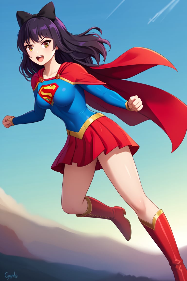 Blake Belladonna, with her quiet yet fierce demeanor, brings a subtle elegance to the classic Supergirl costume. The deep blue top, adorned with the bold red and yellow 'S' emblem, contrasts beautifully with her dark, raven-black hair, which falls gracefully over her shoulders, with her signature bow adding a unique touch. A flowing red cape sways behind her, giving a sense of movement and power, while also highlighting her agile and stealthy nature. The red skirt and knee-high boots complete the look, emphasizing her lithe, athletic frame.

Blake’s calm yet determined expression blends perfectly with the heroic essence of Supergirl, showcasing her strength and resolve. Her quiet strength, paired with the empowering costume, makes her a symbol of resilience and grace. In this transformation, Blake seamlessly combines her natural stealth and independence with the courage and heroism of Supergirl, ready to stand tall and protect those who need it, while still retaining her thoughtful and introspective nature.