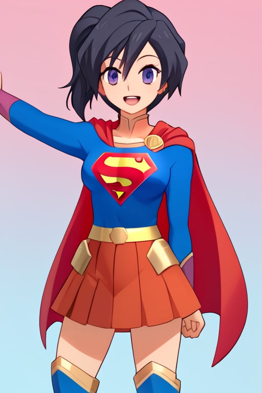 Fujisawa Aya, known for her calm and composed personality, brings a graceful and poised presence to the classic Supergirl costume. The bright blue top with the iconic red and yellow 'S' emblem complements her serene expression and reserved nature. Her shoulder-length, black hair falls neatly around her face, while the red cape flows behind her, adding a subtle sense of movement and strength. The red skirt and red knee-high boots complete the look, giving her an elegant yet empowered appearance.

With her gentle smile and calm demeanor, Aya embodies a more thoughtful and composed take on Supergirl, blending heroism with her usual grace. In this costume, she conveys quiet strength and resolve, ready to face any challenge with dignity and poise. Her transformation captures the essence of a hero who leads with both compassion and inner strength, making her an inspiring figure who brings warmth and courage to those around her.,supergirl,fujisawa aya(gbd)