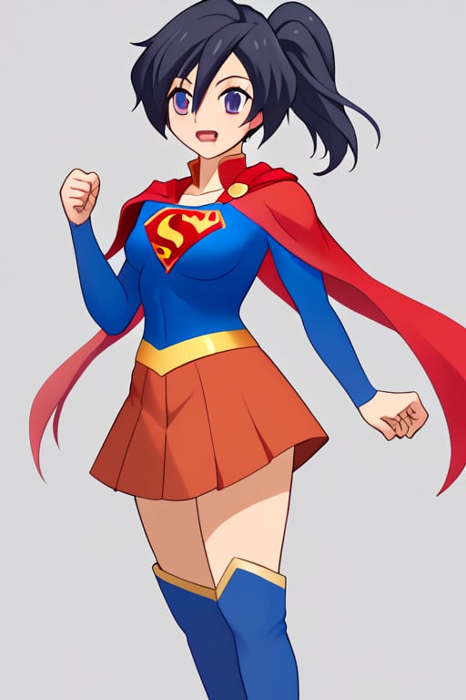 Fujisawa Aya, known for her calm and composed personality, brings a graceful and poised presence to the classic Supergirl costume. The bright blue top with the iconic red and yellow 'S' emblem complements her serene expression and reserved nature. Her shoulder-length, black hair falls neatly around her face, while the red cape flows behind her, adding a subtle sense of movement and strength. The red skirt and red knee-high boots complete the look, giving her an elegant yet empowered appearance.

With her gentle smile and calm demeanor, Aya embodies a more thoughtful and composed take on Supergirl, blending heroism with her usual grace. In this costume, she conveys quiet strength and resolve, ready to face any challenge with dignity and poise. Her transformation captures the essence of a hero who leads with both compassion and inner strength, making her an inspiring figure who brings warmth and courage to those around her.,supergirl,fujisawa aya(gbd)