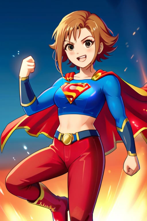 Nishijima Kai, with his confident and charismatic demeanor, brings a unique twist to the classic Supergirl costume. The vibrant blue top, emblazoned with the bold red and yellow 'S' emblem, contrasts against his strong frame and adds an unexpected touch of flair. His short, stylishly spiked hair adds a playful edge, while the red cape flows behind him, adding movement and a heroic aura. The red skirt is replaced with red pants to suit his style, and the knee-high red boots ground the look, giving him an athletic, powerful presence.

With his usual charming smile and fearless stance, Kai embodies the heroic essence of Supergirl while adding his own confidence and flair to the role. The costume emphasizes his strength and optimism, making him look every bit the part of a protector. This transformation highlights his determination and charisma, showing that he’s ready to tackle challenges head-on, blending strength and charm to inspire those around him.