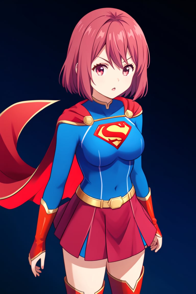 Hisako Arato, with her composed demeanor and auburn hair tied neatly in a ponytail, takes on a powerful new look in the classic Supergirl costume. The vibrant blue top, featuring the bold red and yellow 'S' emblem on her chest, perfectly contrasts her usual calm and collected appearance, symbolizing the strength she possesses beneath her reserved exterior. A flowing red cape cascades behind her, adding a heroic flair to her poised stance. The outfit is completed with a red skirt and matching knee-high boots, highlighting her agile and refined figure. Hisako’s focused and serious expression, now mixed with the confident aura of Supergirl, transforms her into a symbol of quiet strength and protection. This blend of her medical expertise and the superhero's power makes Hisako look both graceful and ready to stand up for what’s right.