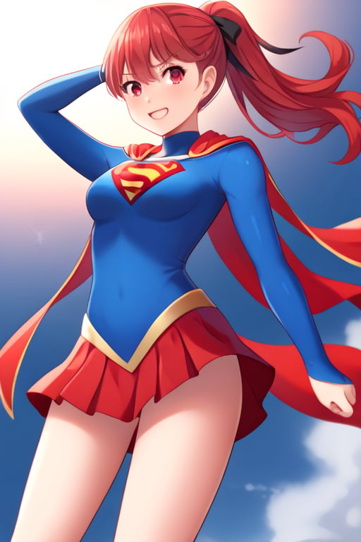 Kasumi Yoshizawa, with her graceful and athletic poise, looks stunning and heroic in the classic Supergirl costume. The vibrant blue top, emblazoned with the iconic red and yellow 'S' emblem on her chest, reflects her energetic and optimistic nature. A flowing red cape billows behind her, adding a dynamic touch to her already agile form. The costume is completed with a red skirt and matching knee-high boots, highlighting her slim yet strong physique, honed from years of rhythmic gymnastics. Kasumi’s usual bright smile and determined expression blend perfectly with the confident, courageous aura of Supergirl, showcasing her balance of elegance and strength. In this transformation, Kasumi embodies the essence of a true heroine—both graceful and powerful, ready to take on any challenge with a blend of cheerfulness and resolve. she has red hair in a ponytail.,supergirl,yoshizawa kasumi