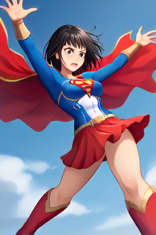 Erika, the skilled and disciplined swordswoman from "Shadowverse," exudes power and grace in the classic Supergirl costume. The vibrant blue top, emblazoned with the red and yellow 'S' emblem, fits perfectly with her fierce and focused demeanor. Her short black hair flows freely, adding a dramatic touch as the red cape billows behind her, accentuating her swift movements and readiness for action. The red skirt, paired with red knee-high boots, emphasizes her lithe, athletic form, while maintaining the elegance and precision she's known for in combat.

Erika’s sharp gaze reflects her determination and unwavering sense of duty, blending her natural warrior spirit with the heroic essence of Supergirl. In this transformation, she retains her tactical mindset and sword skills but adds the empowering aura of a superhero. The Supergirl costume highlights her inner strength and drive, making her a symbol of both power and protection, always ready to defend with grace and skill.