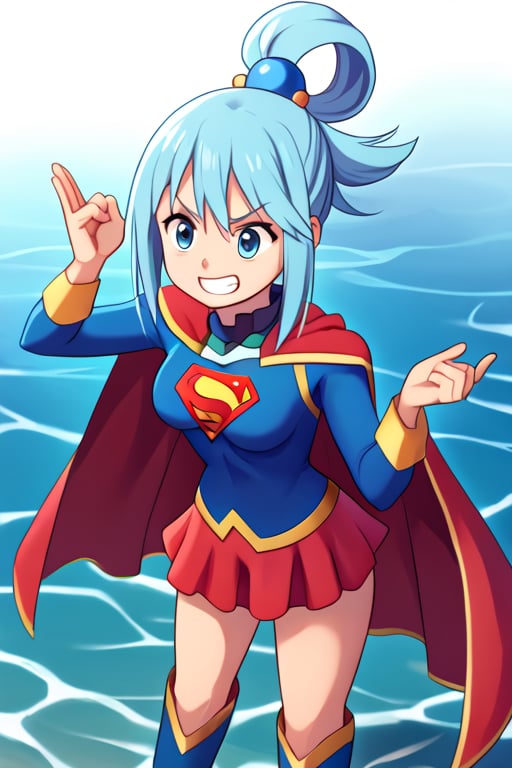 Aqua, with her playful and often mischievous demeanor, brings a unique and humorous charm to the classic Supergirl costume. The iconic blue top, emblazoned with the bright red and yellow 'S' emblem, is fitting against her water-themed color palette and complements her flowing blue hair. Her hair, pulled up in its usual high ponytail with a teal ribbon, gives her a lighthearted and whimsical look. The red cape flows behind her in dramatic fashion, adding to her usually exaggerated expressions and gestures. The red skirt and red knee-high boots round out the outfit, creating an interesting contrast with her usual divine but clumsy style.

With her trademark confident grin—perhaps a bit overconfident—Aqua steps into the Supergirl role with a humorous twist, blending her goddess bravado with the superhero’s iconic strength. Her natural charisma and quirks make her a playful Supergirl, ready to dive into challenges (or create them) with her spirited enthusiasm. In this costume, Aqua brings her own unpredictable flair, offering a comical but spirited take on heroism that’s sure to keep things entertaining.,supergirl,aqua