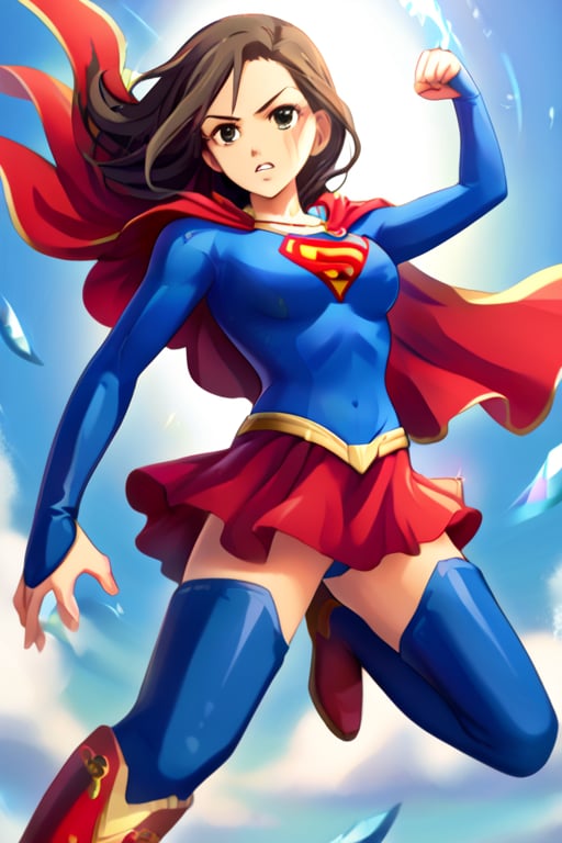 Seira Mizuki, with her cool and elegant demeanor, exudes both grace and strength in the classic Supergirl costume. The bright blue top, featuring the iconic red and yellow 'S' emblem, contrasts beautifully with her long, flowing dark hair. The red cape billows behind her, adding a dramatic and heroic flair as it catches the wind, perfectly complementing her poised and confident stance. The red skirt and red knee-high boots finish the look, accentuating her tall and slender figure, giving her an air of both power and elegance.
Seira’s composed and determined expression perfectly captures the essence of a superhero, blending her natural elegance with the fierce determination of Supergirl. Her transformation into this heroic role highlights her balance of strength and beauty, making her the ideal embodiment of courage and grace, ready to face any challenge with confidence and inspire those around her.
