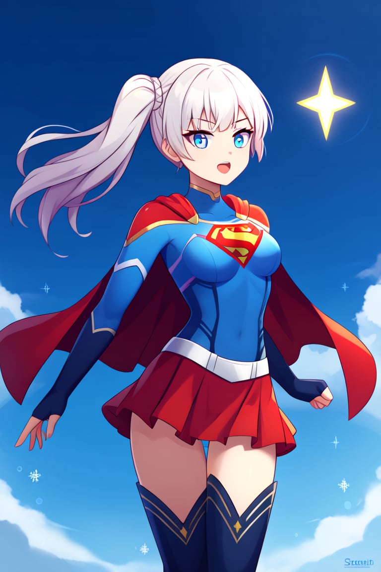 Weiss Schnee, with her graceful poise and sharp elegance, brings a regal touch to the classic Supergirl costume. The vibrant blue top, emblazoned with the red and yellow 'S' emblem, contrasts beautifully with her signature snow-white hair, which is styled in its familiar side ponytail. A flowing red cape drapes behind her, adding a dynamic sense of movement and power, complementing her composed and refined presence. The red skirt and knee-high boots complete the outfit, showcasing her agility and strength.

Weiss’s icy blue eyes and confident expression add a cool, determined edge to the typically bright and hopeful Supergirl persona. Her natural sense of leadership, discipline, and responsibility blend perfectly with the heroic aura of Supergirl. In this transformation, Weiss becomes a symbol of grace and power, ready to stand tall as both a protector and a fighter, combining her unyielding resolve with the strength and courage of a superhero.