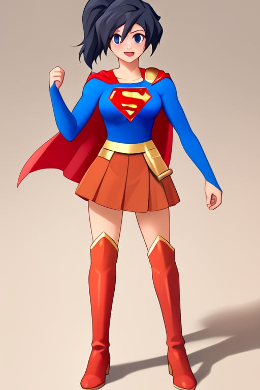 Fujisawa Aya, known for her calm and composed personality, brings a graceful and poised presence to the classic Supergirl costume. The bright blue top with the iconic red and yellow 'S' emblem complements her serene expression and reserved nature. Her shoulder-length, black hair falls neatly around her face, while the red cape flows behind her, adding a subtle sense of movement and strength. The red skirt and red knee-high boots complete the look, giving her an elegant yet empowered appearance.

With her gentle smile and calm demeanor, Aya embodies a more thoughtful and composed take on Supergirl, blending heroism with her usual grace. In this costume, she conveys quiet strength and resolve, ready to face any challenge with dignity and poise. Her transformation captures the essence of a hero who leads with both compassion and inner strength, making her an inspiring figure who brings warmth and courage to those around her.,supergirl,fujisawa aya(gbd)