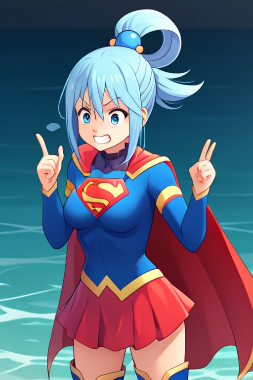 Aqua, with her playful and often mischievous demeanor, brings a unique and humorous charm to the classic Supergirl costume. The iconic blue top, emblazoned with the bright red and yellow 'S' emblem, is fitting against her water-themed color palette and complements her flowing blue hair. Her hair, pulled up in its usual high ponytail with a teal ribbon, gives her a lighthearted and whimsical look. The red cape flows behind her in dramatic fashion, adding to her usually exaggerated expressions and gestures. The red skirt and red knee-high boots round out the outfit, creating an interesting contrast with her usual divine but clumsy style.

With her trademark confident grin—perhaps a bit overconfident—Aqua steps into the Supergirl role with a humorous twist, blending her goddess bravado with the superhero’s iconic strength. Her natural charisma and quirks make her a playful Supergirl, ready to dive into challenges (or create them) with her spirited enthusiasm. In this costume, Aqua brings her own unpredictable flair, offering a comical but spirited take on heroism that’s sure to keep things entertaining.