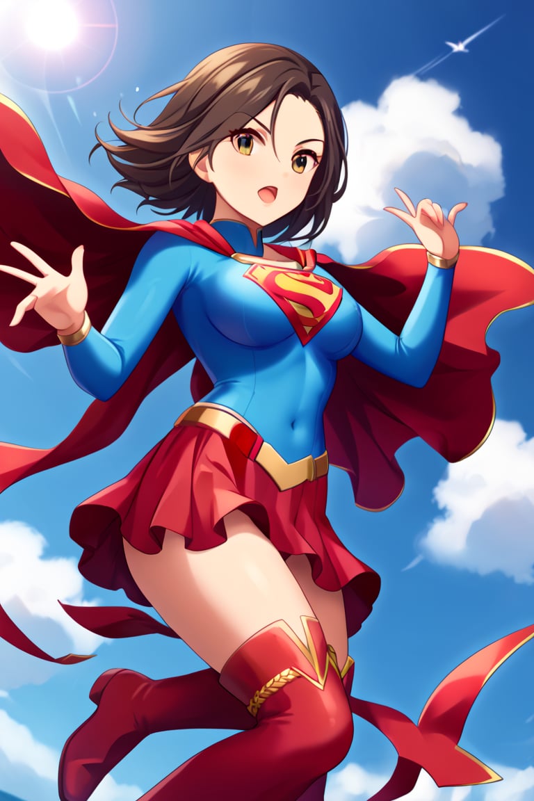 Seira Mizuki, with her cool and elegant demeanor, exudes both grace and strength in the classic Supergirl costume. The bright blue top, featuring the iconic red and yellow 'S' emblem, contrasts beautifully with her long, flowing dark hair. The red cape billows behind her, adding a dramatic and heroic flair as it catches the wind, perfectly complementing her poised and confident stance. The red skirt and knee-high boots finish the look, accentuating her tall and slender figure, giving her an air of both power and elegance.

Seira’s composed and determined expression perfectly captures the essence of a superhero, blending her natural elegance with the fierce determination of Supergirl. Her transformation into this heroic role highlights her balance of strength and beauty, making her the ideal embodiment of courage and grace, ready to face any challenge with confidence and inspire those around her.