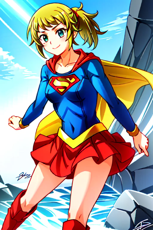 Fumina Hoshino, with her athletic build and passionate spirit, brings a lively and strong energy to the classic Supergirl costume. The bright blue top, featuring the iconic red and yellow 'S' emblem, complements her confident stance and energetic personality. Her blonde hair, tied up in her signature ponytail, adds a practical yet spirited touch, while the red cape flows behind her, accentuating her action-ready pose. The red skirt and matching knee-high boots complete her look, highlighting her athletic frame and dynamic style. With her usual enthusiastic smile and determined eyes, Fumina embodies the essence of Supergirl with a unique twist. Her transformation amplifies her natural courage and resilience, blending her love for competition with the heroism of the Supergirl persona. In this costume, Fumina looks ready to face any challenge head-on, inspiring those around her with her boundless energy, strength, and unwavering resolve.