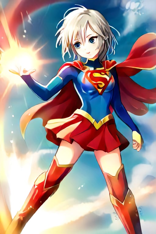 Anastasia, with her serene and graceful demeanor, brings a calm yet powerful elegance to the classic Supergirl costume. The bold blue top, emblazoned with the red and yellow 'S' emblem, contrasts beautifully with her platinum gray hair, which falls gracefully around her shoulders. Her red cape flows gently behind her, adding a sense of poise and quiet strength to her look. The red skirt and red knee-high boots complete the ensemble, highlighting her tall and slender figure, giving her an aura of both beauty and power.

Anastasia’s expression, typically calm and thoughtful, now carries a subtle determination, blending her natural grace with the heroic essence of Supergirl. Her transformation captures the perfect balance of elegance and strength, embodying the spirit of a true heroine. In this superhero guise, Anastasia shines as a protector, ready to take on any challenge with her composed confidence and quiet resolve, inspiring those around her with both her beauty and inner strength,supergirl,ANASTASIA