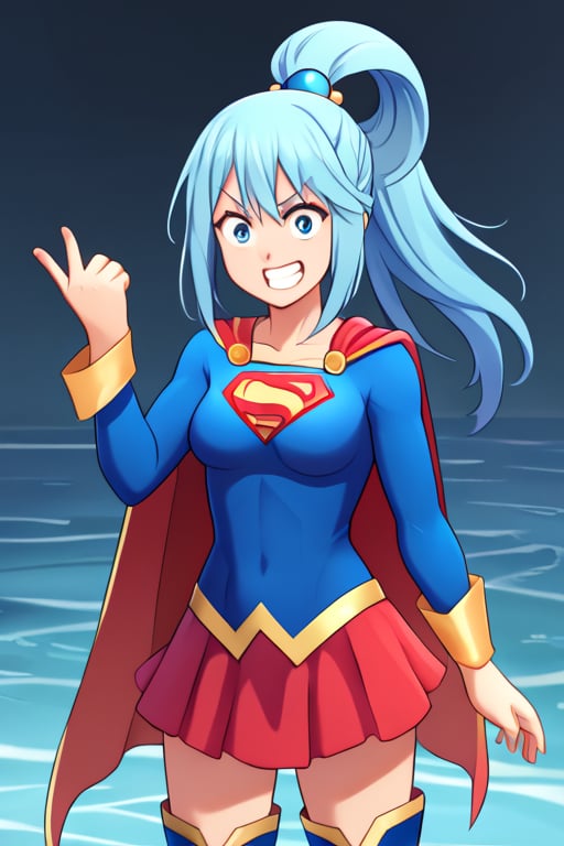 Aqua, with her playful and often mischievous demeanor, brings a unique and humorous charm to the classic Supergirl costume. The iconic blue top, emblazoned with the bright red and yellow 'S' emblem, is fitting against her water-themed color palette and complements her flowing blue hair. Her hair, pulled up in its usual high ponytail with a teal ribbon, gives her a lighthearted and whimsical look. The red cape flows behind her in dramatic fashion, adding to her usually exaggerated expressions and gestures. The red skirt and red knee-high boots round out the outfit, creating an interesting contrast with her usual divine but clumsy style.

With her trademark confident grin—perhaps a bit overconfident—Aqua steps into the Supergirl role with a humorous twist, blending her goddess bravado with the superhero’s iconic strength. Her natural charisma and quirks make her a playful Supergirl, ready to dive into challenges (or create them) with her spirited enthusiasm. In this costume, Aqua brings her own unpredictable flair, offering a comical but spirited take on heroism that’s sure to keep things entertaining.,supergirl,aqua