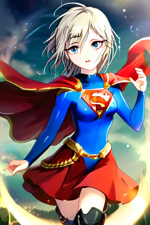 Anastasia, with her serene and graceful demeanor, brings a calm yet powerful elegance to the classic Supergirl costume. The bold blue top, emblazoned with the red and yellow 'S' emblem, contrasts beautifully with her platinum gray hair, which falls gracefully around her shoulders. Her red cape flows gently behind her, adding a sense of poise and quiet strength to her look. The red skirt and knee-high boots complete the ensemble, highlighting her tall and slender figure, giving her an aura of both beauty and power.

Anastasia’s expression, typically calm and thoughtful, now carries a subtle determination, blending her natural grace with the heroic essence of Supergirl. Her transformation captures the perfect balance of elegance and strength, embodying the spirit of a true heroine. In this superhero guise, Anastasia shines as a protector, ready to take on any challenge with her composed confidence and quiet resolve, inspiring those around her with both her beauty and inner strength,supergirl,ANASTASIA