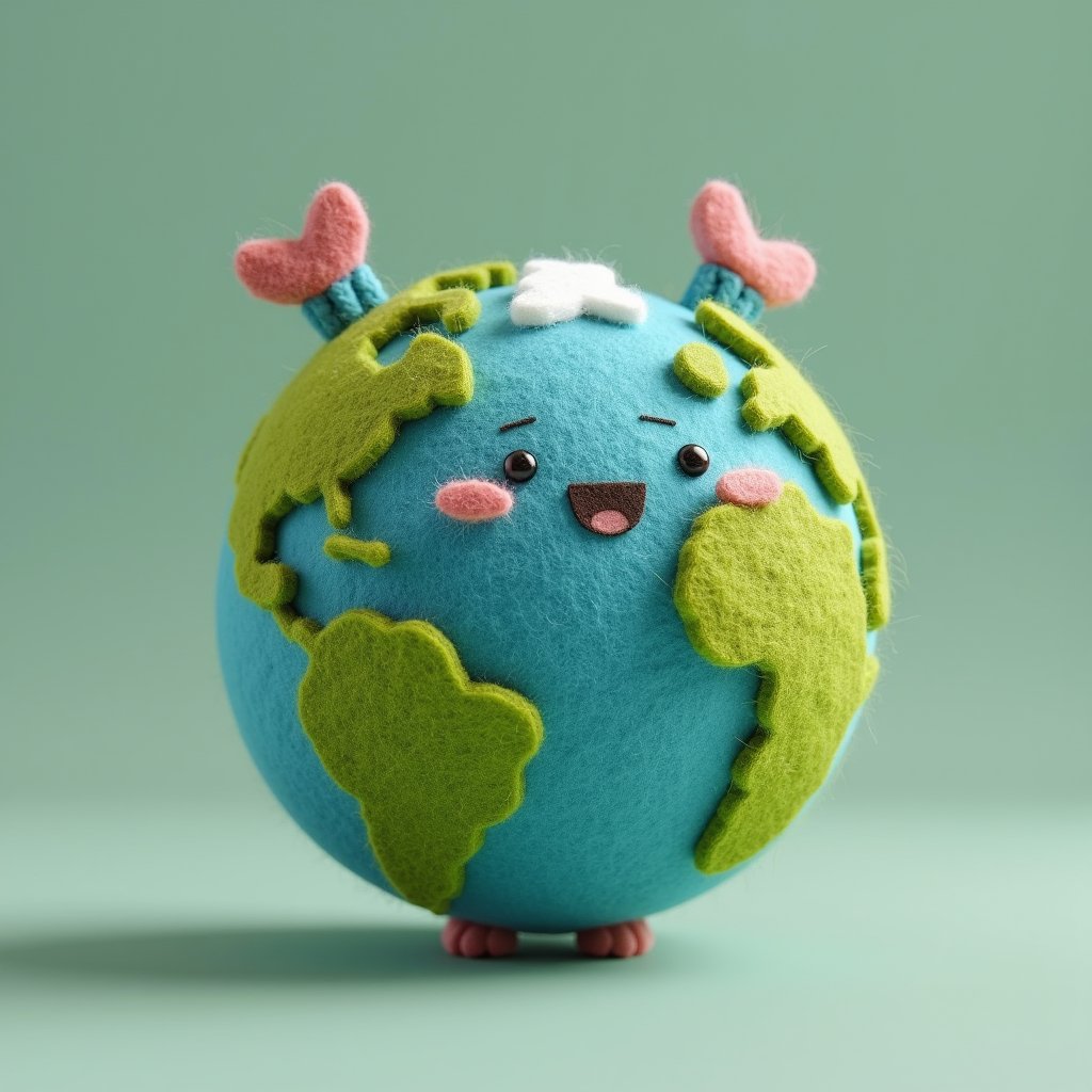 tiny cute 3D felt fiber toy earth, made from Felt fibers, a 3D render, trending on cgsociety, rendered in maya, rendered in cinema4d, made of yarn, square image