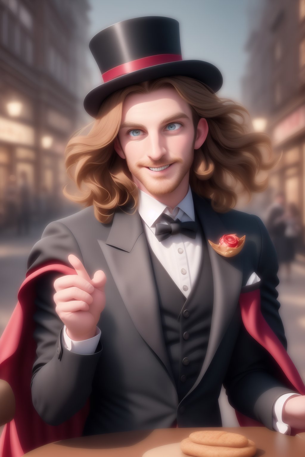 Herin, a rugged Welsh magician, sports a fiery beard and windswept hair as he conjures tricks at a bustling Victorian streetside table. Dapper in his top hat and cape, his eyes sparkle with focus and fun amidst the vibrant, high-res backdrop of a colorful street scene. Rendered in Renderman Engine's finest detail, Herin's intricate trickery is set against a faded cityscape, where Victorian-era pedestrians weave through the scenery, their faces aglow with wonder. The air pulses with magical energy, as joy and creativity radiate from this whimsical, original setting.