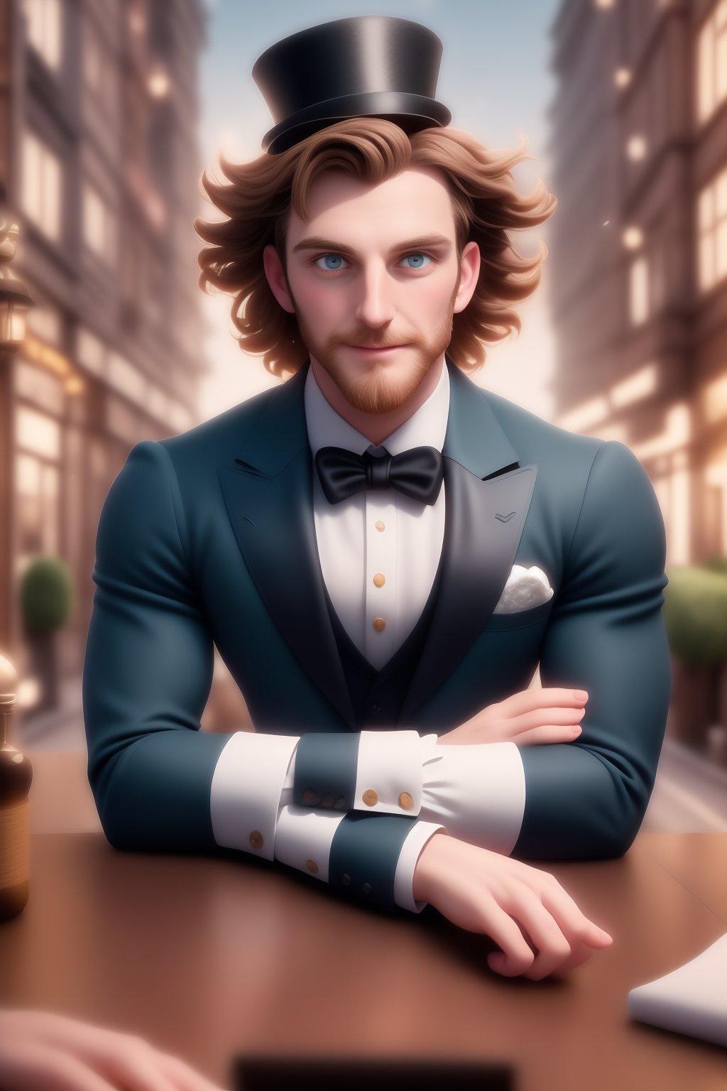 Herin, a rugged Welsh magician, sports a fiery beard and windswept hair as he conjures tricks at a bustling Victorian streetside table. Dapper in his top hat and cape, his eyes sparkle with focus and fun amidst the vibrant, high-res backdrop of a colorful street scene. Rendered in Renderman Engine's finest detail, Herin's intricate trickery is set against a faded cityscape, where Victorian-era pedestrians weave through the scenery, their faces aglow with wonder. The air pulses with magical energy, as joy and creativity radiate from this whimsical, original setting.