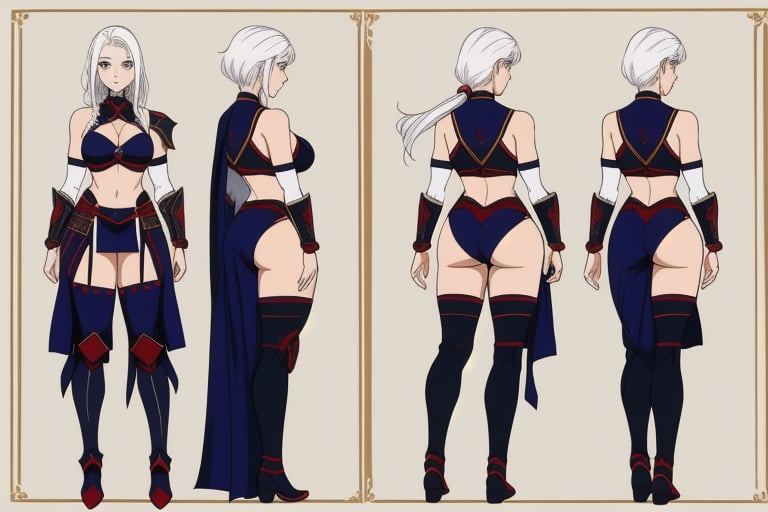 generate an average woman with tall white  hair wearing a well fit warrior armour showing the front view, the side view and the back views in one image