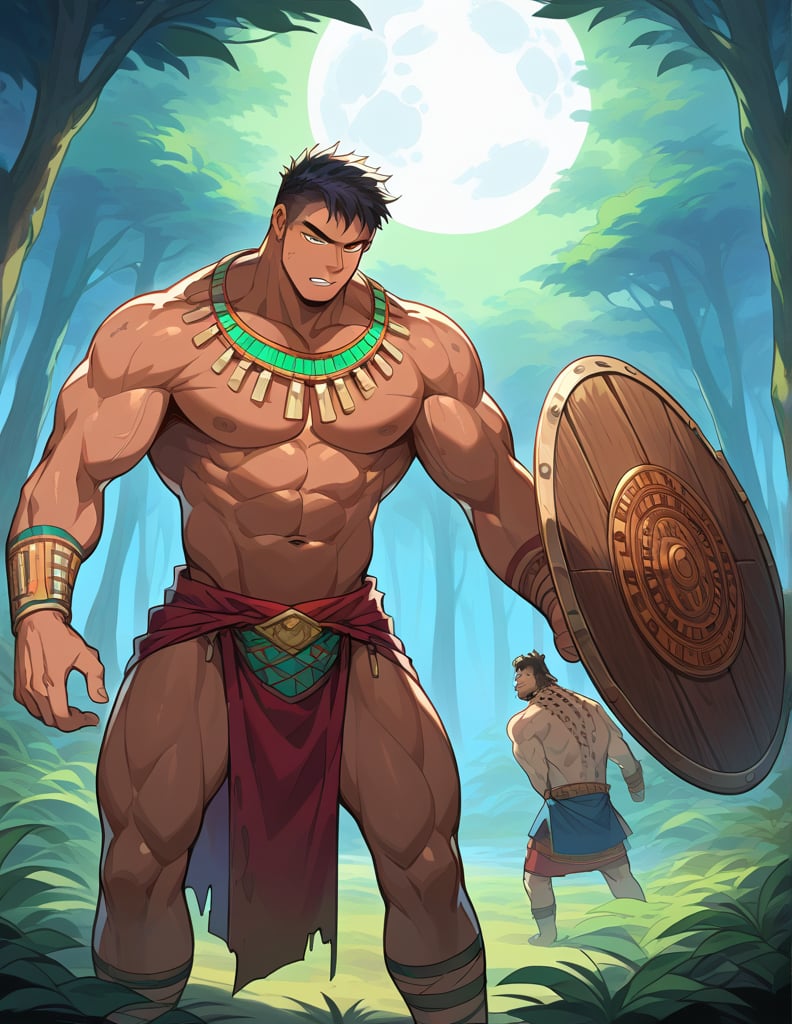 masterpiece, 8k, a jaguar gerrero, a man, long black hair, dark, muscular tees, with a jaguar skin covering his head and back, a wooden shield and a macahuitl in the other (Aztec sword) lurking from the shadows, under the light of the moon in the forest, looking at viwer