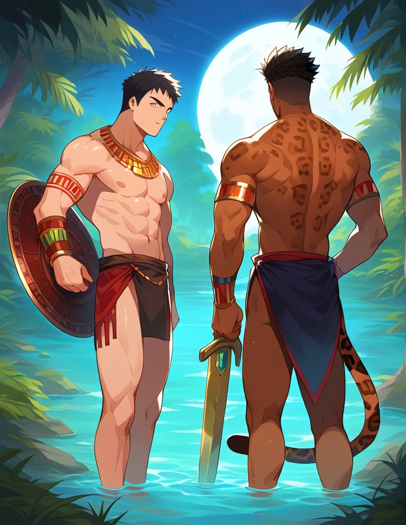 masterpiece, 8k, a jaguar gerrero, a man, long black hair, dark, muscular tees, with a jaguar skin covering his head and back, slim but muscular, a wooden shield and a macahuitl sword in the other hand (Aztec sword) lurking from the shadows, under the light of the moon in the forest, looking at viwer