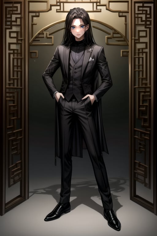 a young man in his early 20's with long black hair, deep eyes, violet eyes, wearing a suit combining Viking and traditional Chinese styles, shows his full body, masterpiece,  best quality,