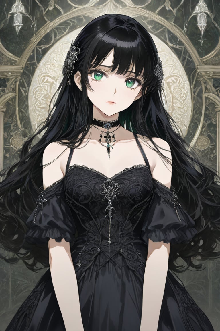 illustration, ink outline, fine detail rendered, color, A beautiful girl in her twenties in a gothic type costume with very long black hair, green eyes with a choker looking at the  is looking at viewer crafted ornaments, detailed background, fantastic, mysterious, perfect composition, , (masterpiece:1.2), ((best quality, 8k, ultra-detailed, very clear)), perfect anatomy, anatomically correct hands, detailed hair, delicate hair expression, detailed eyes, beautiful face, beautiful eyes, extremely stylish, The most fashionable,