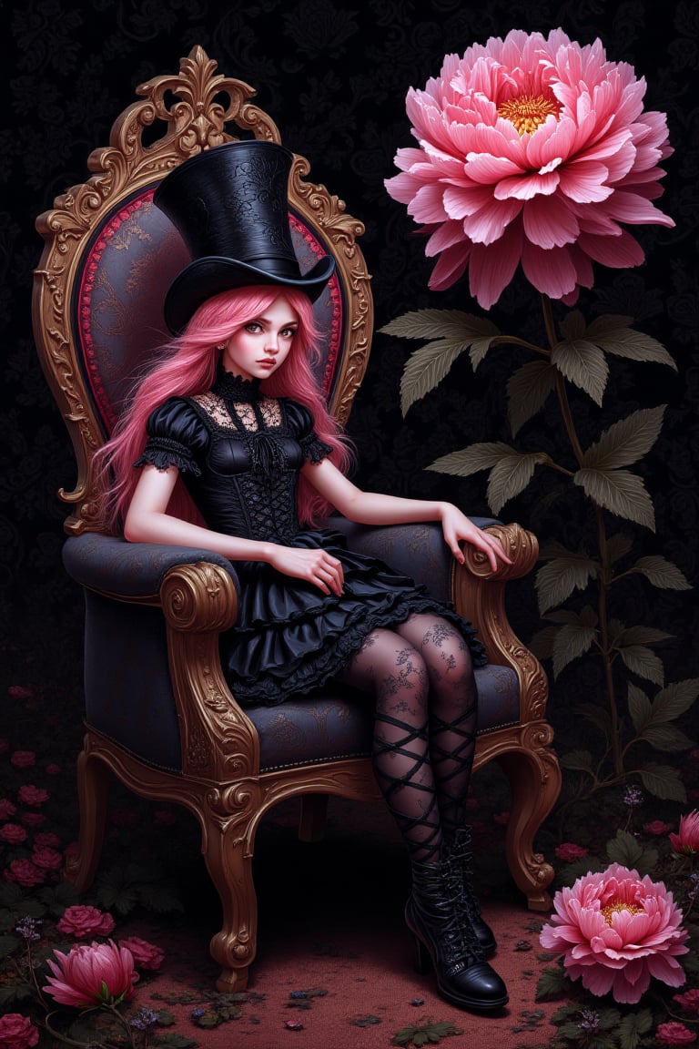 Gothic whimsical illustration, fairy with pink hair sitting on ornate chair beside tall pink peony, large black top hat, gothic maiden style with black stripes, air of evil intent, realistic and vibrant, inspired by James Sessions and Nicoletta Ceccoli, oil painting format, dark gothic pattern background, detailed composition, dynamic lighting, focused on fairy's mysterious pose, immersive environment blending fantasy and gothic elements.